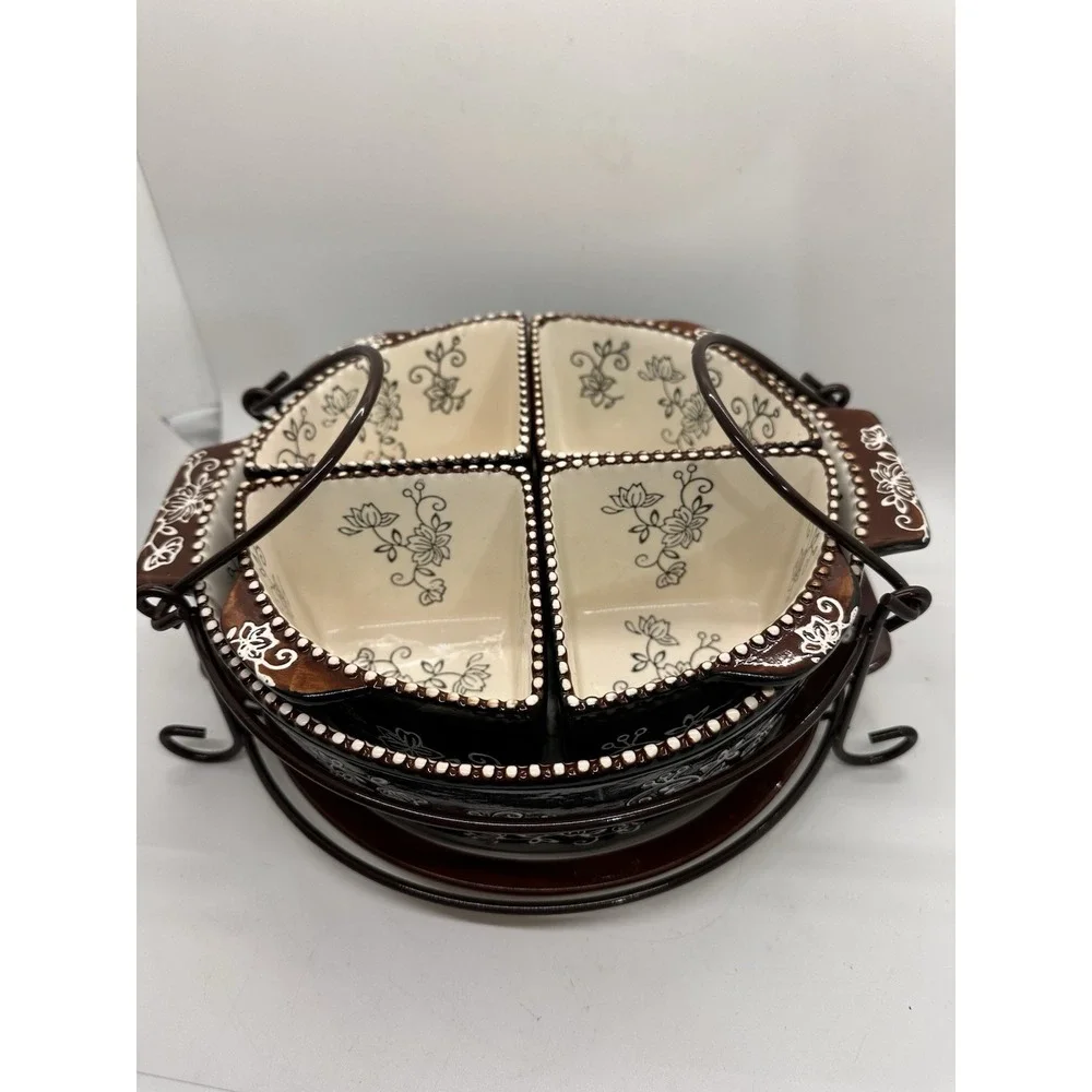 Temp-tations Tara Black Floral Lace 7 Pc Serving Set Rack Trivet Ovenware